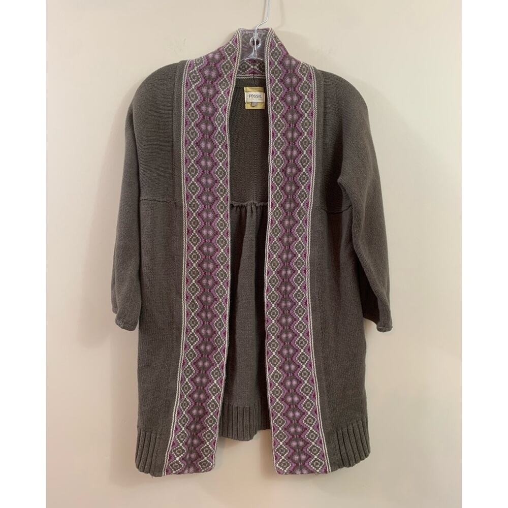 Fossil Fair Isle Trimmed Drape Brown/Purple Sweater Cardigan